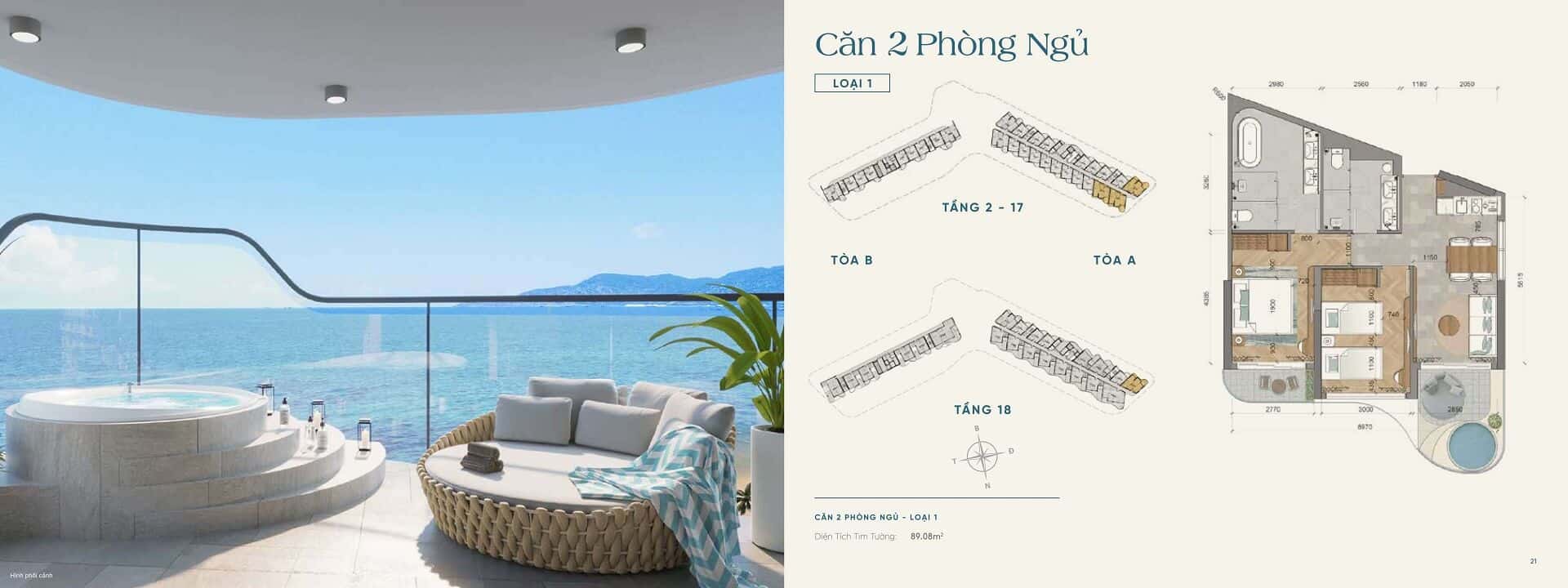 Layout thiết kế căn hộ 2 phòng ngủ căn góc hướng ra biển