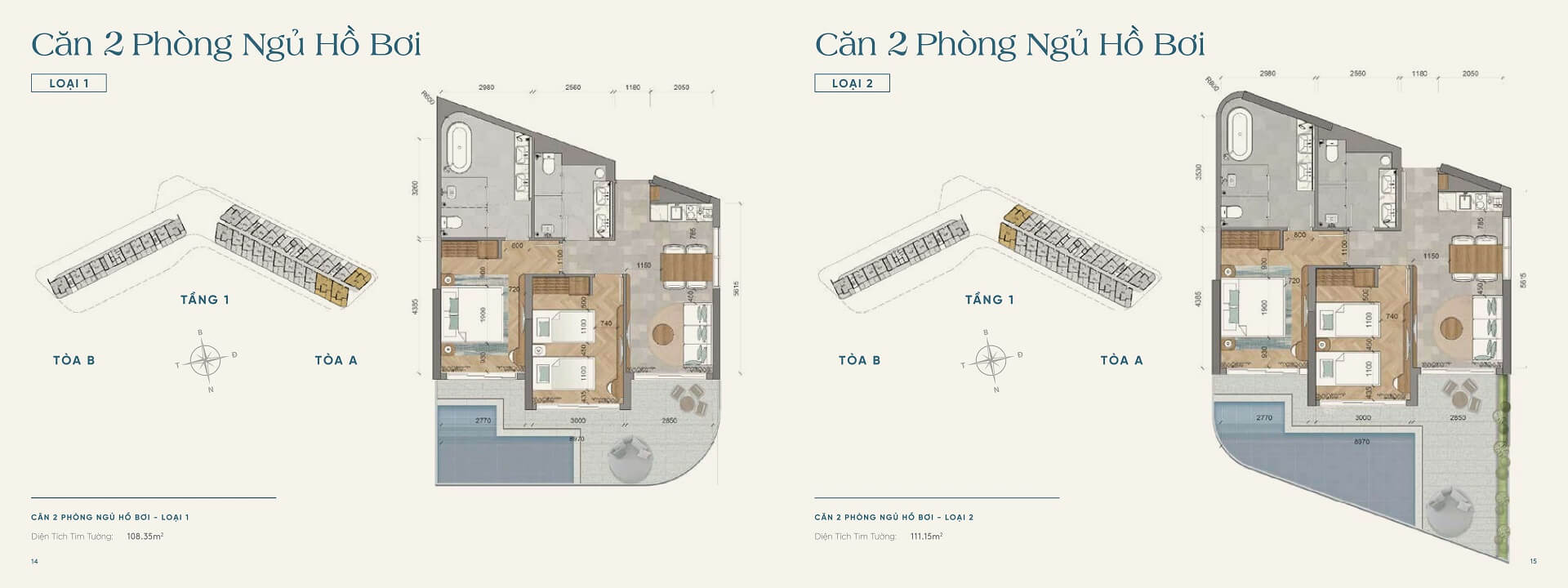 Layout thiết kế căn hộ 2 phòng ngủ hồ bơi riêng