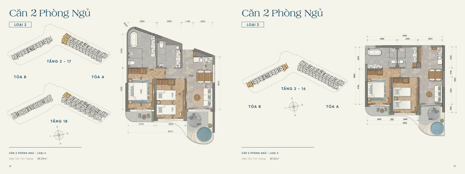 Layout thiết kế căn hộ 2 phòng ngủ căn góc