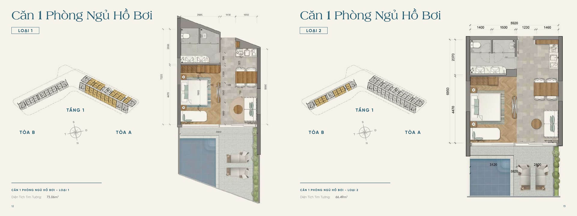 Layout thiết kế căn hộ 1 phòng ngủ hồ bơi